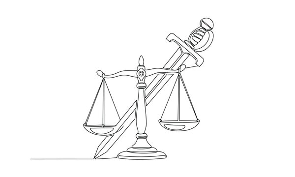 A sketch of a scales of justice with a sword and a feather