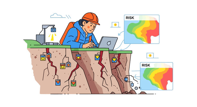 Geologist Analyzing Risk Data on Cliff Edge with Laptop.