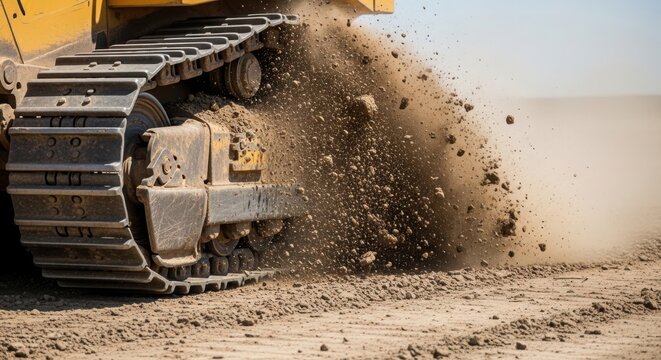 Heavy working equipment moving dirt on construction site, showing powerful machinery action with bulldozer tracks churning up soil and dust.