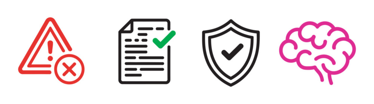 AI hallucination prevention icons colorful set, vector illustrations, machine learning accuracy symbols, educational materials, tech blog graphics, modern software interface