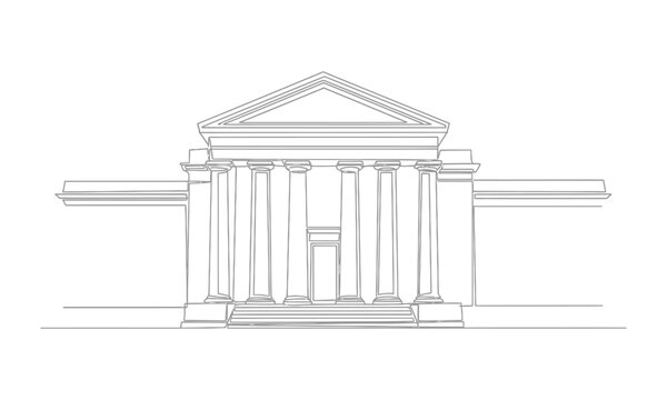A sketch of a building with a triangular roof and columns