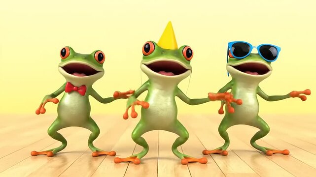 Whimsical 3D rendered scene featuring a trio of festive frogs, one with a party hat, one with a bow tie, and another in cool sunglasses, enjoying a lively dance