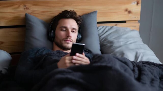Relaxed man using smartphone with headphones in bed at night, mobile entertainment, digital lifestyle, online streaming, leisure time, home relaxation, insomnia concept, pillow
