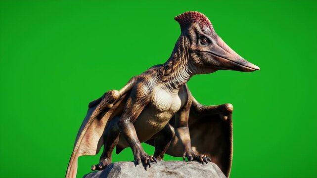 Realistic Pteranodon Dinosaur Perched on Rock Against Green Screen Background Detailed Texture and Scaly Skin Displayed With Wings Folded Ready for Compositing