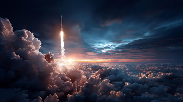 Powerful rocket taking off against breathtaking backdrop of stormy clouds and vivid sunset, ambition and pursuit of exploration concept, defocused dramatic sky background, with
