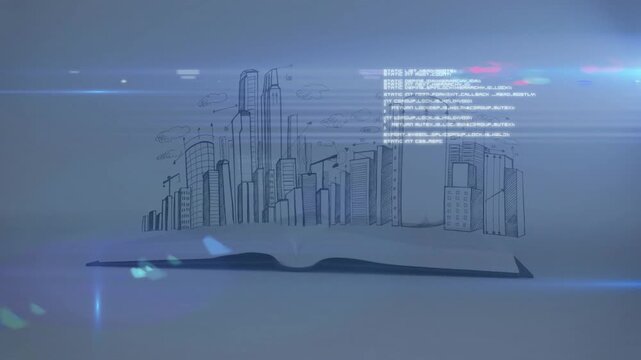 Open book with cityscape sketch and digital text animation
