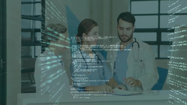 Medical professionals discussing patient data over programming code animation