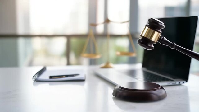 Judge gavel and scales of justice on desk in law office, legal system, court decision, attorney workplace, judicial concept, legal services, copy space