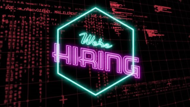We're Hiring text animation over hexagon shape and red coding background