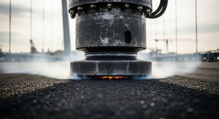 Fototapeta premium Heavy working equipment on construction site with machinery and asphalt being processed. Equipment creates smoke and sparks during road improvement work.