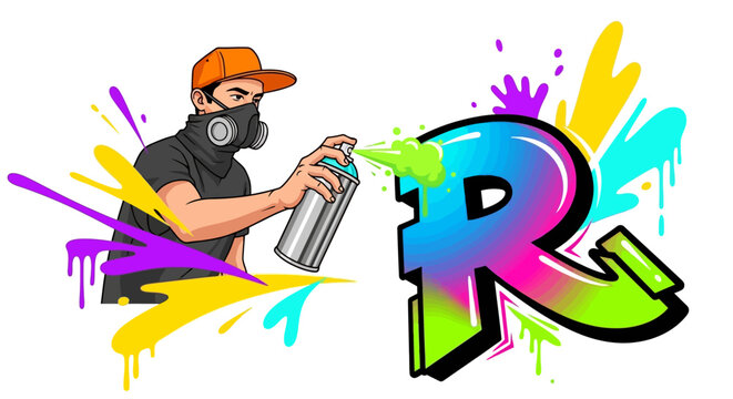 Graffiti artist spraying colorful letter R with spray paint.