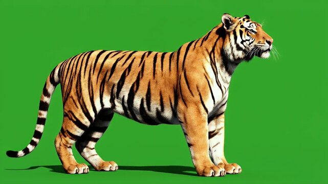 Realistic Full Body Sumatran Tiger Standing Still Breathing on Green Screen Background with Dramatic Lighting and Shadow Play