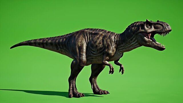 Realistic Allosaurus Dinosaur Standing Idle Against a Vibrant Green Screen Background with Natural Lighting and Detailed Skin Texture