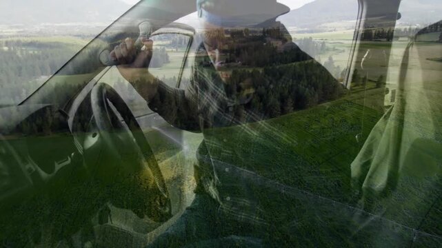 Driving over lush green fields, person in car enjoying scenic landscape animation