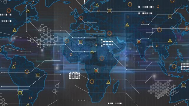Overlaying continents, digital map with data points and hexagonal patterns animation