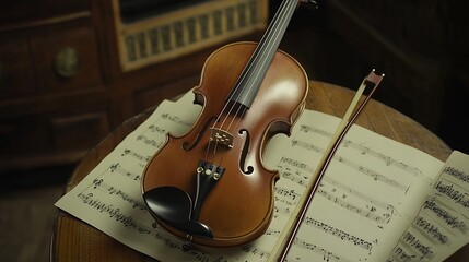 Fototapeta premium Traditional violin with a warm wood finish delicately placed on a sheet of classical music with a bow beside it highlighting the elegance and refined artistry of string instruments