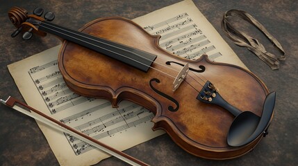 Fototapeta premium Traditional violin with a warm wood finish delicately placed on a sheet of classical music with a bow beside it highlighting the elegance and refined artistry of string instruments