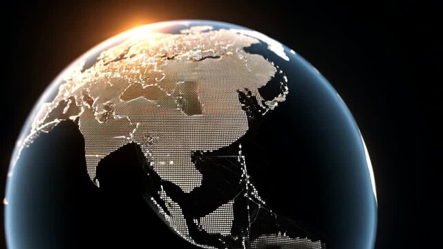 Digital Earth Globe with Network Connections and Glowing Sunrise Effect