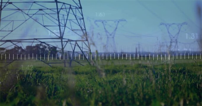 On playback camera panning through grass revealing steel towers with waveform pulsing timecode