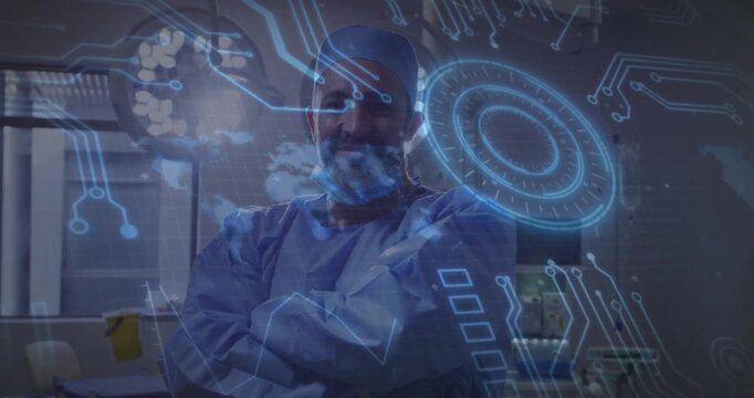 Surgeon under lamp facing camera activating medical hologram with circuit-lines and world-map mesh
