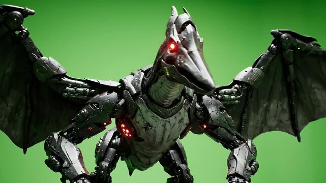 Intricate battle ready robotic Pteranodon full body alert idle head detailed metallic creature with red glowing eyes and mechanical wings on a vibrant green screen background with subtle smoke