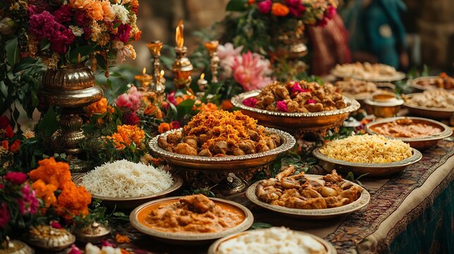 Traditional wedding dinner with plates of mutton karahi biryani chicken qorma and kheer surrounded by floral decor and guests in colorful attire