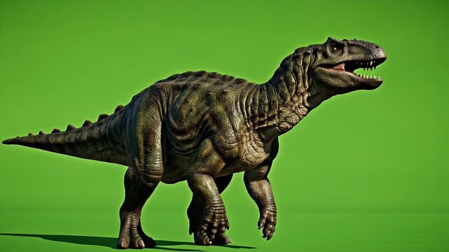 Realistic Iguanodon Dinosaur Full Body Alert Stance Head Lifting on Green Screen Background Isolated Detailed Creature