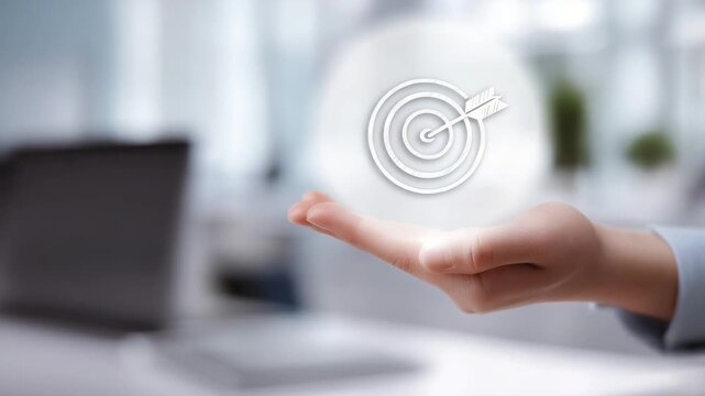 Glowing target symbol above hand, goal achievement, business success, strategic planning, mission concept, focus objective, innovation, corporate vision, goal, business focus, target icon