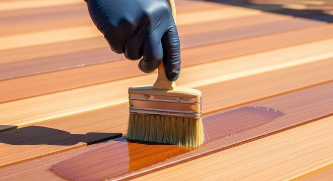 Hand in Black Glove Applies Wood Stain to Slatted Surface with Brush