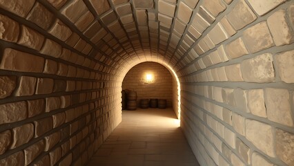 Fototapeta premium spinor. A narrow stone corridor leading to a vaulted storage room with soft interior light. real-estate listings.