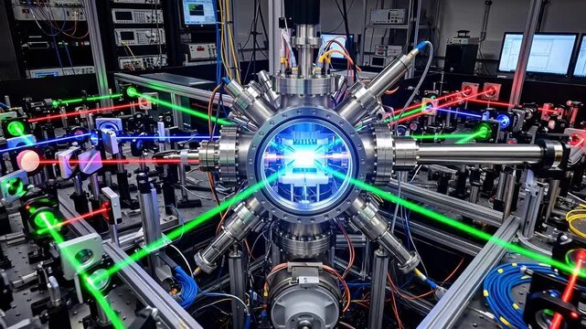 Quantum state visualization device uses complex array of mirrors and beam splitters directing laser light to manipulate trapped ions in vacuum.