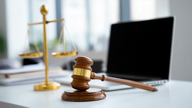 Judge gavel and scales of justice on desk in law office, legal system, court decision, attorney workplace, judicial concept, legal services, copy space