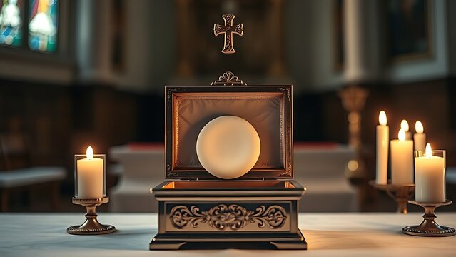 pyx. Open pyx containing white communion wafer on altar, illuminated by candlelight, still composition. event programs, museum guides, designed for cultural heritage projects and event programs.