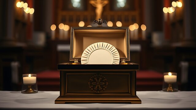 pyx. Open pyx containing white communion wafer on altar, illuminated by candlelight, still composition. event programs, museum guides, designed for cultural heritage projects and event programs.
