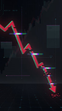 A declining financial graph displays a sharp red downward trend line on a dark background with scattered charts.
