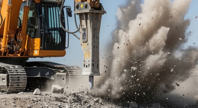 Heavy construction equipment breaking concrete with hydraulic hammer, dust flying around during demolition process.