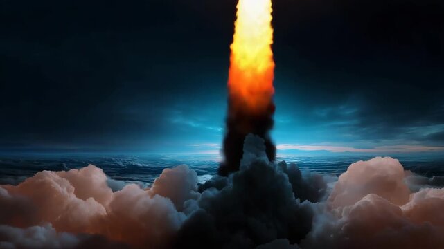 Powerful Rocket liftoff with fiery exhaust above clouds, space program, aerospace innovation, launch vehicle, cosmic exploration, powerful engine, dramatic scene