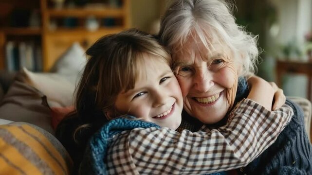 A little girl embraces her grandmother with genuine joy; both are beaming with happy smiles, creating a warm and heartfelt backdrop for content about family values, intergenerational love and the impo