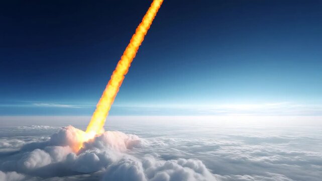 Rocket launch seen from high altitude above clouds, space mission, aerospace technology, launch trajectory, atmospheric flight, outer space, futuristic exploration