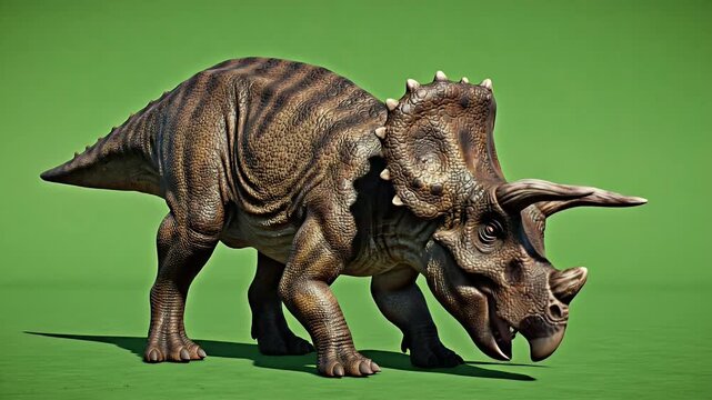 Realistic Triceratops Dinosaur Full Body Head Lowering Pose on Isolated Green Screen Background Realistic Texture and Detail
