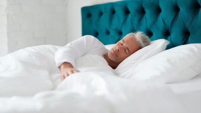 Sleeping man in bright bedroom with white bedding and teal headboard Mature man sleeping comfortably on his side in a bright bedroom, head on a white pillow