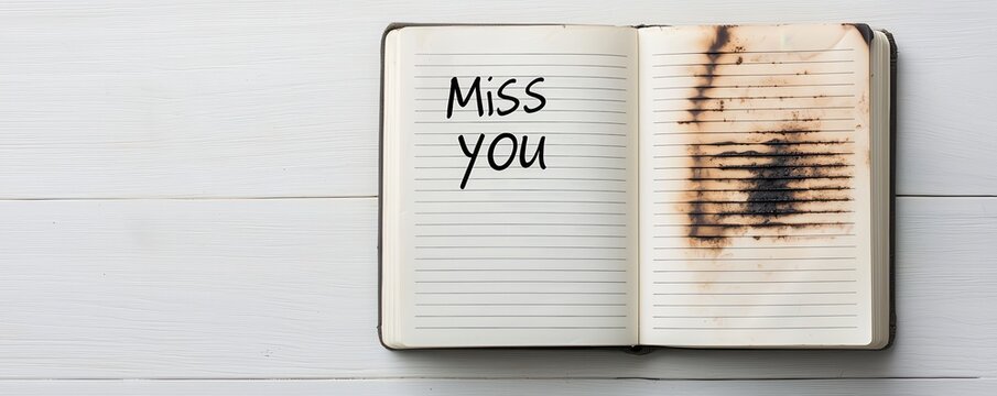 Open lined journal with Miss you written on one page and burn marks on the other