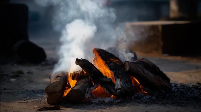 Traditional cremation ghat fire with smoke, Smoldering campfire with burning logs and rising smoke, outdoor fire pit, glowing embers, rustic warmth, heat, survival, cozy atmosphere, close up
