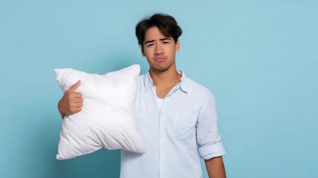 oung man holding pillow on blue background, sleep comfort concept, bedtime routine, healthy rest, insomnia theme, bedroom accessory, studio portrait, copy space