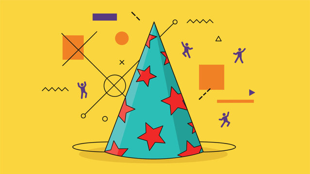 Bright blue party hat decorated with red stars and surrounded by festive geometric shapes and dancing figures on yellow.