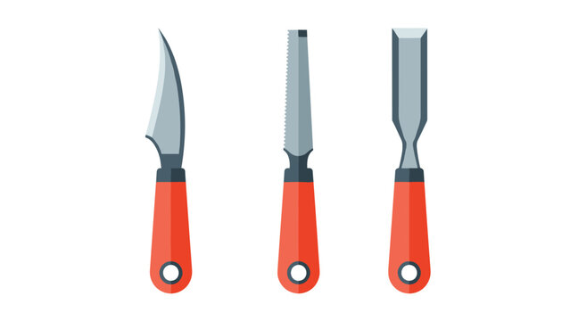 Set of three different woodworking hand tools including a carving knife and chisels with ergonomic orange handles on a white surface.