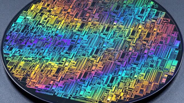 Exposed semiconductor wafer displays intricate labyrinth of microscopic circuitry reflecting rainbow holographic colors under a microscope objective.