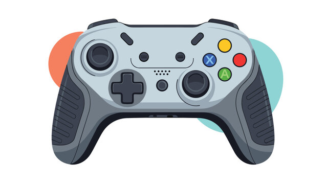Modern grey video game controller with multicolored buttons and joysticks on colorful abstract background for gaming.