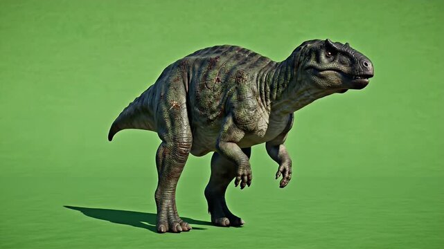 Realistic Iguanodon Dinosaur Full Body Standing Idle Breathing Loop On Green Screen Background With Natural Texture And Detailed Scales