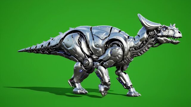 Futuristic Robotic Parasaurolophus Walking Seamless Loop on Green Screen Background Metallic Silver Blue Lights Detailed Mechanical Dinosaur